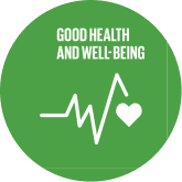 A circular green graphic with the text 'GOOD HEALTH AND WELL-BEING' above a white heartbeat line and heart icon.