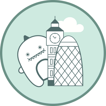 A circular graphic illustration featuring a stylized white monster peeking from behind a clock tower and a modern skyscraper, set against a pale mint green background with a darker green circular border.