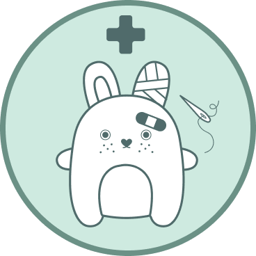 A circular graphic featuring a white cartoon bunny with bandages on its ears and forehead, a small needle illustration to the right, and a dark teal cross at the top, all on a pale mint-green background.