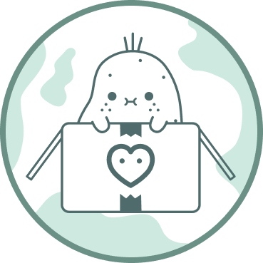 A circular graphic featuring a cute cartoon seal character peeking over a laptop with a heart icon on the screen, set against a pale mint green and white abstract background.