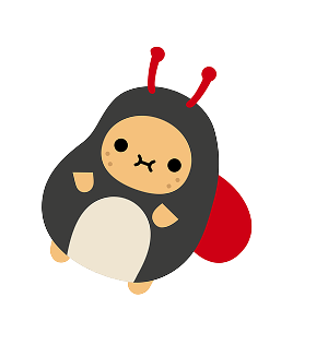 A cute cartoon ladybug character with a dark gray body, red wings and antennae, cream belly, and small peach accents on a plain white background.