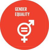 A circular red graphic with the words 'GENDER EQUALITY' above a combined gender symbol in white.